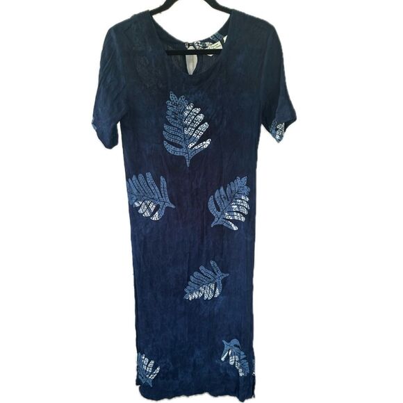 Island Collections Hawaiian Aloha Tropical Leaves Crinkle Midi Dress Vacation XS - Picture 1 of 7